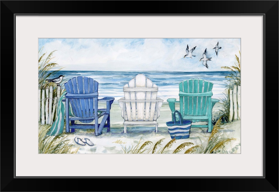 A charming Adirondack beach chair scene captures the relaxation of the coast.