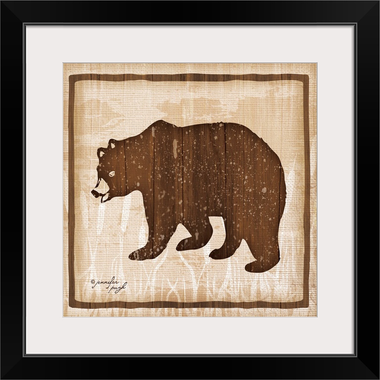 Distressed cabin decor themed artwork of a semi-silhouetted bear against a light brown background.