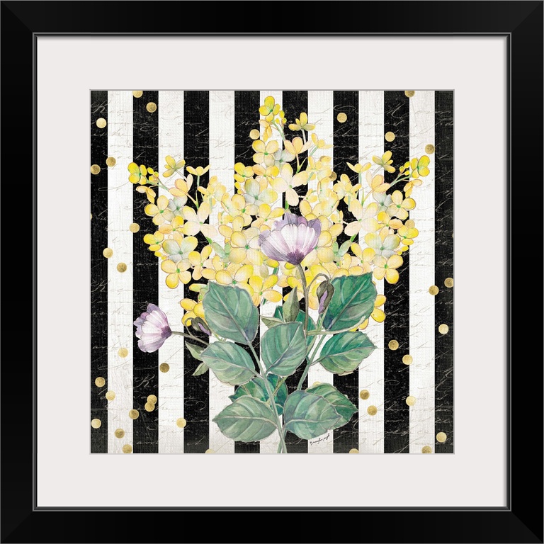 Contemporary artwork of colorful flowers against a black and white striped background with golden dots covering the image.