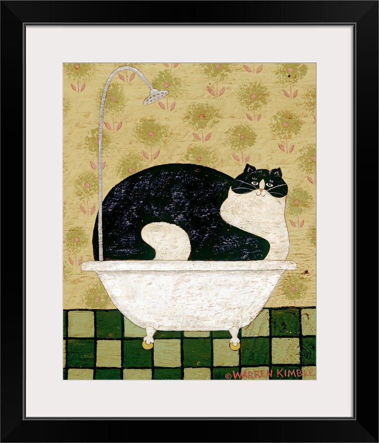 Whimsical country bathroom artwork of a very large cat taking up an entire bath tub with a tiled floor and wall paper behi...