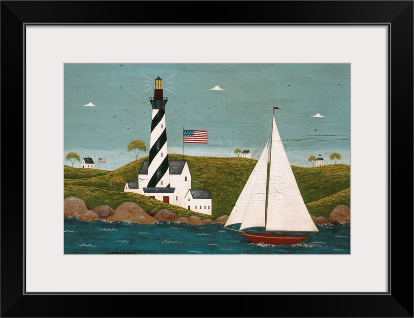 Folk art of a striped lighthouse on a hilly shore with an American flag, watching over a large white sailboat, three small...