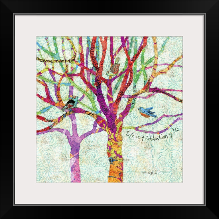 Inspirational artwork of trees painted with various colors and birds perched on the branches that contain quotes.