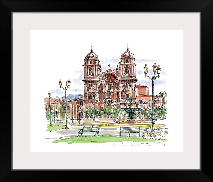 A lovely pen and ink depiction of a European cathedral