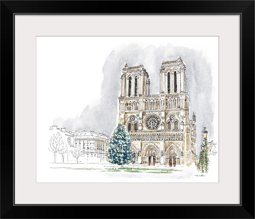 A lovely pen and ink depiction of a European cathedral at Christmas