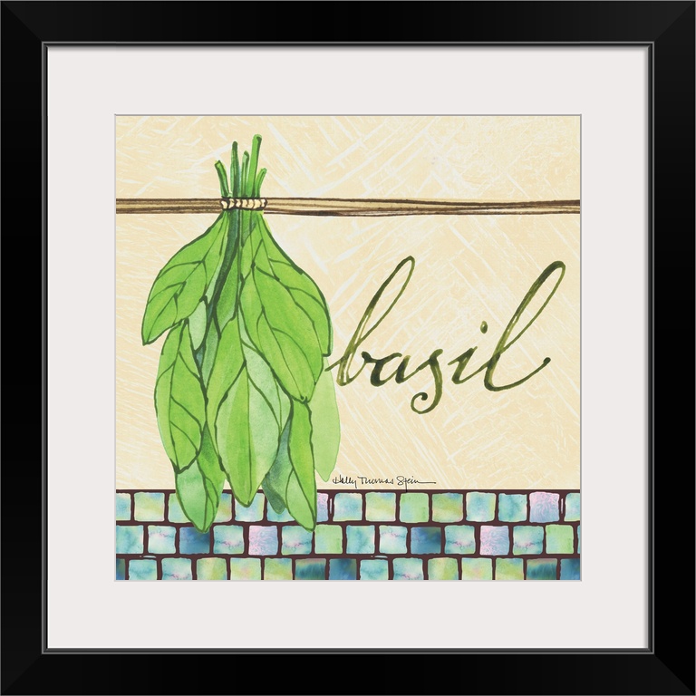 A lovely botanical treatment for the basil leafa perfect kitchen decor accent.