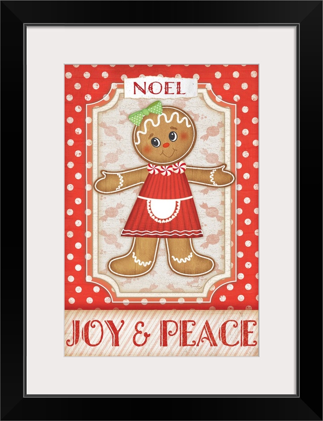 Holiday themed home decor artwork of a gingerbread girl against a red and white polka dotted back...