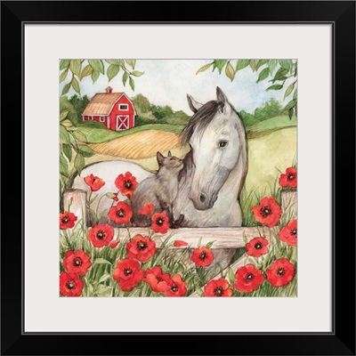 Horse and Cat in Poppies