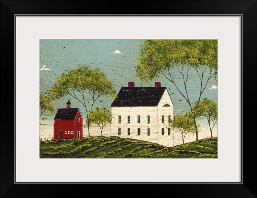 Contemporary artwork of a large white house with a smaller red barn just to the left of it on a grassy hill. There is an a...