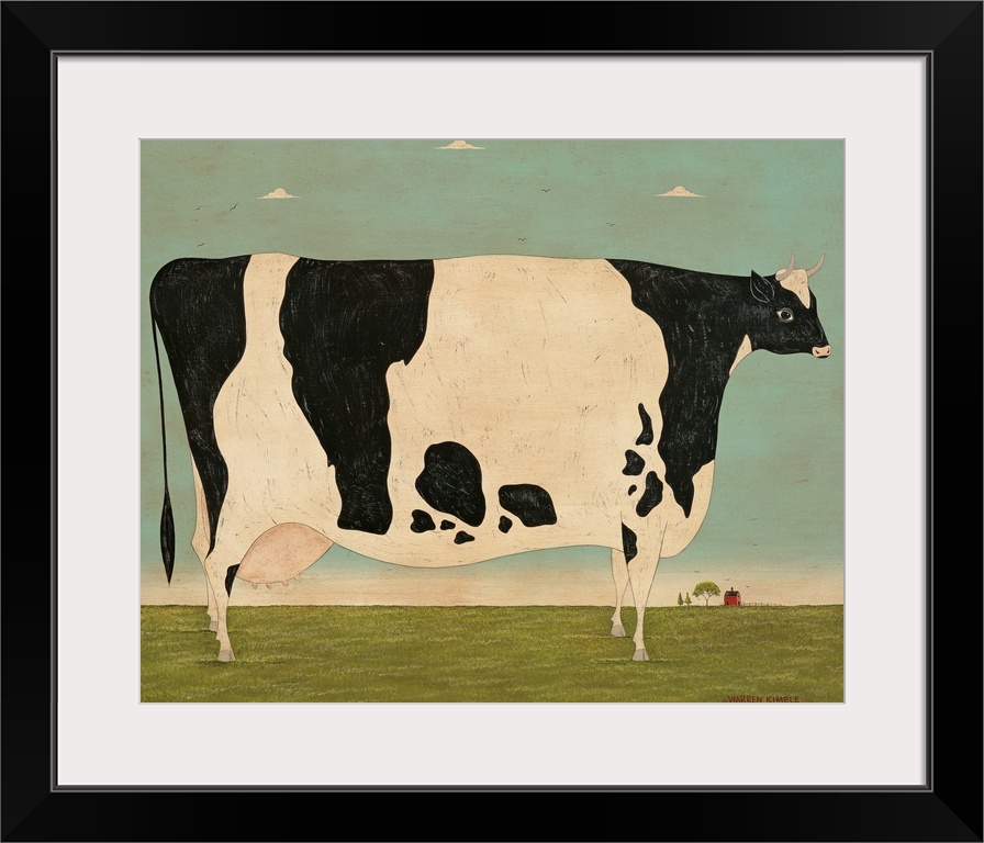 Painting of a very large spotted cow in a green pasture on a Vermont farm.