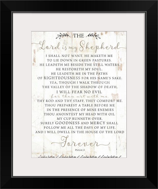 Psalm 23 on a white shiplap wood background.