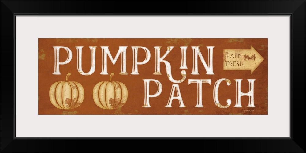 Fall decor sign with the words, "Pumpkin Patch" and an arrow to mark direction.