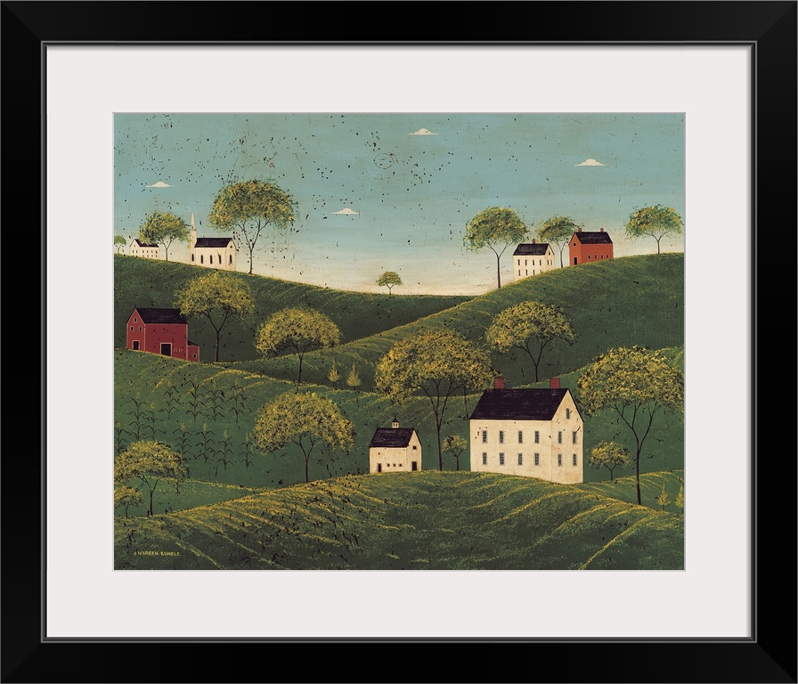 This rustic folk art painting shows Georgian Colonial farmhouses perched on hilltops in the middle of stylized farmland.