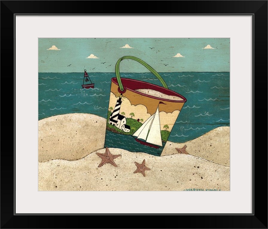 A whimsical sand pail sits in the sand surrounded by starfish and the ocean drawn just behind it. Small clouds and birds a...