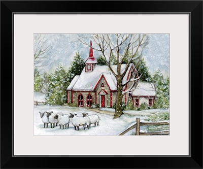 Snowy Church With Sheep