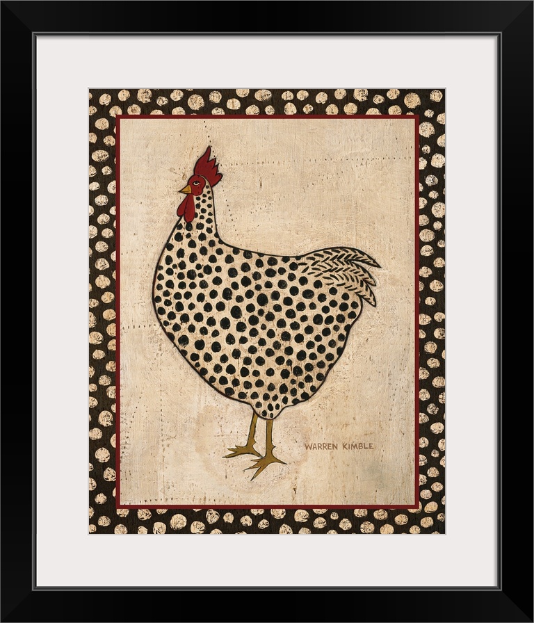 Big illustration depicts a dotted fowl standing within a rectangular framed bare background.  Artist sets frame against an...