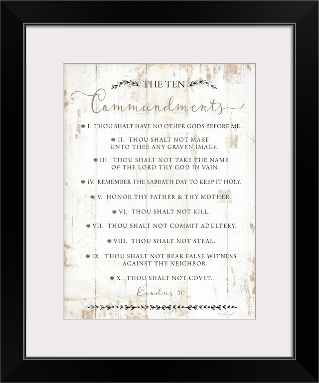 The Ten Commandments on a white shiplap wood background.