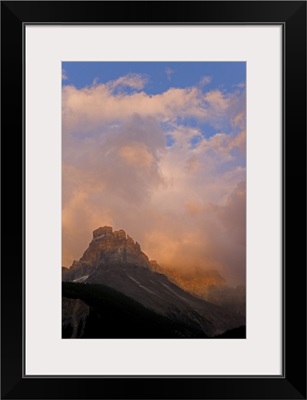 British Columbia, Yoho National Park, Sunset colors clouds over Cathedral Mountain
