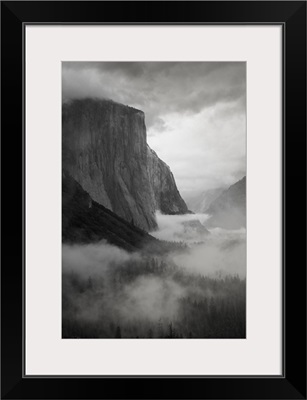 California. Yosemite National Park. El Capitan with swirling mist through the forest