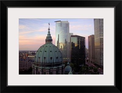 Canada, Quebec, Montreal. Dawn reflection, Mary Queen of the World Cathedral dome