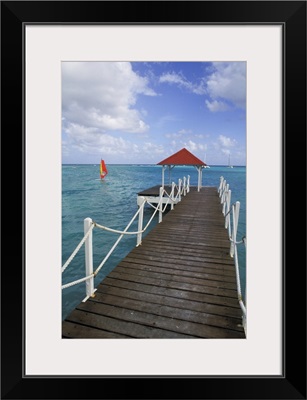 Caribbean, Guadeloupe, colorful dock and crystal blue water