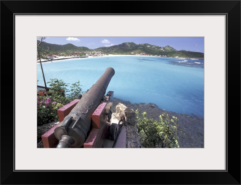 CARIBBEAN, Saint Barts.Cannon aiming into Bay of St. Jean