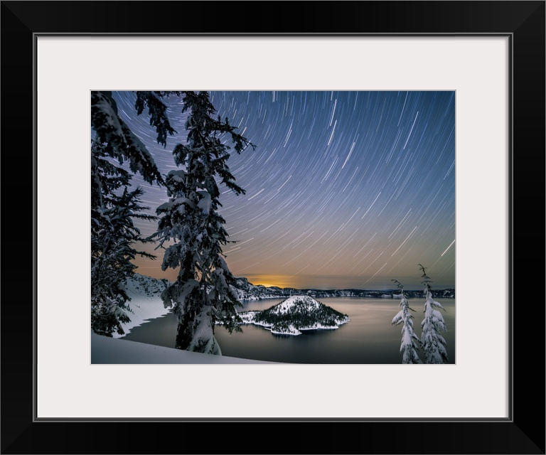 USA, North America, Oregon. Crater Lake National Park, Star Trails Over Crater Lake And Wizard Island In Winter.