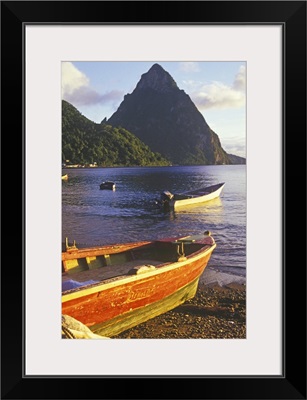 Fishing boats and Petit Piton, Soufriere, St Lucia, Caribbean