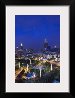 Georgia, Atlanta, Centennial Olympic Park, elevated city view, dusk