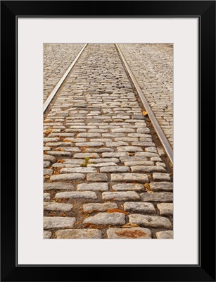 Georgia, Savannah, Old railroad tracks and cobble stones along River Street