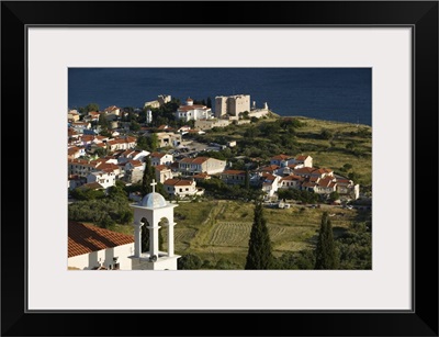 Greece, Samos, Pythagorio, Town View With Belltower Of The Moni Panagias Spillanis