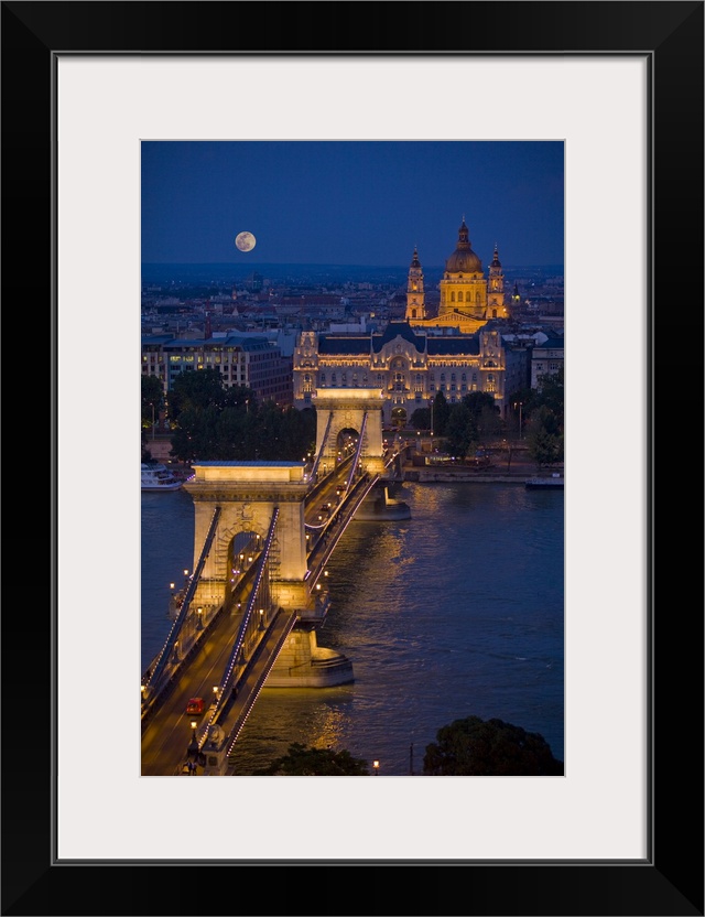 Hungary, Budapest. Chain Bridge lit at night.