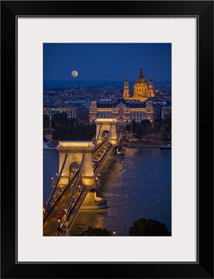 Hungary, Budapest. Chain Bridge lit at night