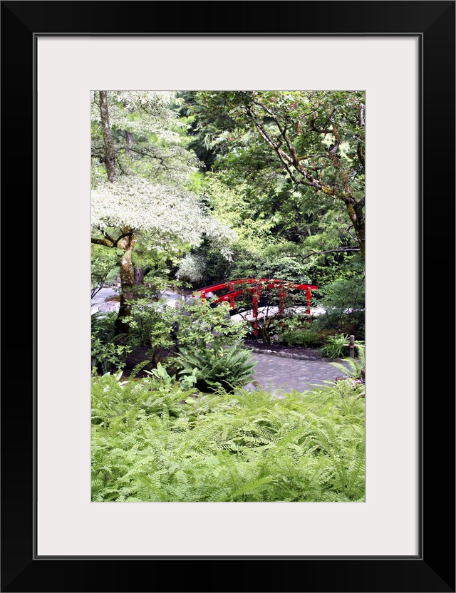 Red footbridge in Japanese Garden at Butchart Gardens Victoria British Columbia Canada