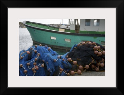 Martinique, French West Indies, Fishing nets and boat at small town of Case-Pilote