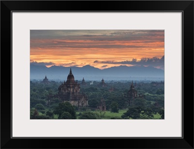 Myanmar, Bagan. Sunrise over stupas on the plains of Bagan