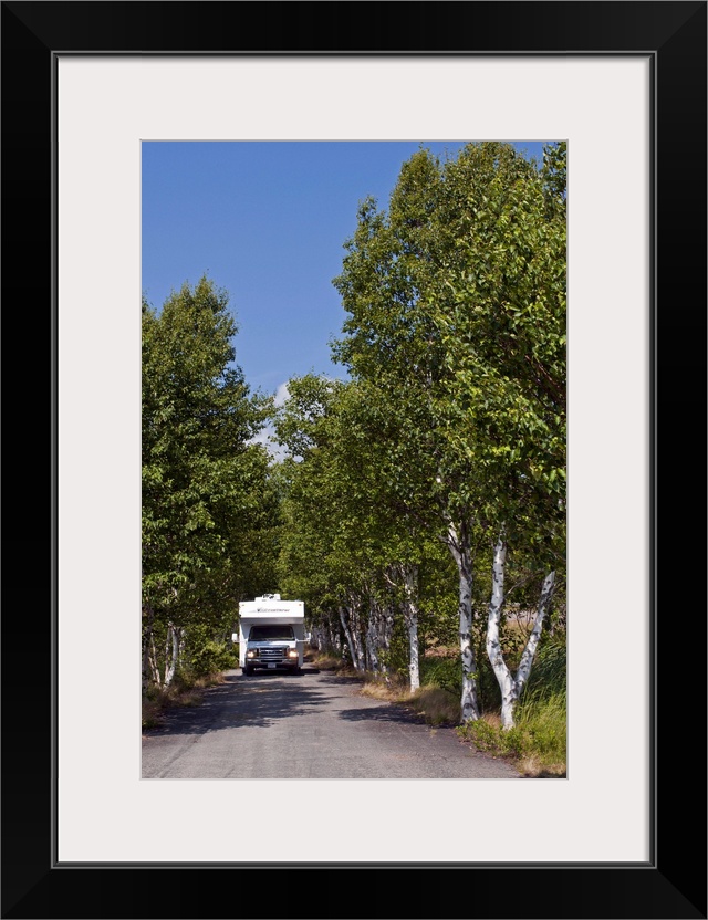 New Brunswick, Canada. Rv on narrow road near Sawmill Creek.