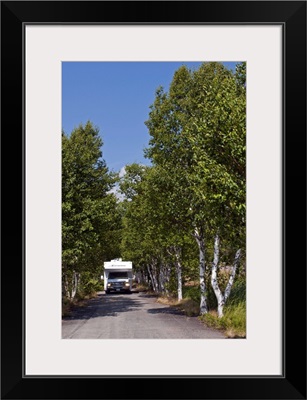 New Brunswick, Canada. Rv on narrow road near Sawmill Creek