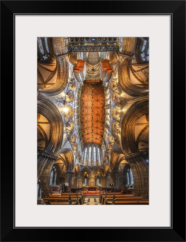 Scotland, Glasgow. Abstract panoramic of 12th century cathedral interior and ceiling.