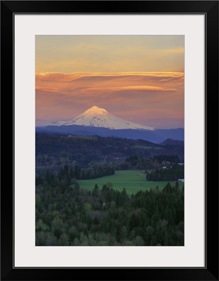 Sunset light colors clouds over Mt Hood, Oregon Cascades
