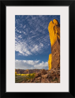 USA, Utah, Cliffs, Clouds, And Autumn Cottonwoods At Sunset, Arches National Park