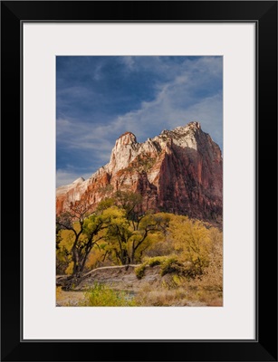 Utah, Zion National Park. Autumn foliage in front of the Sentinel