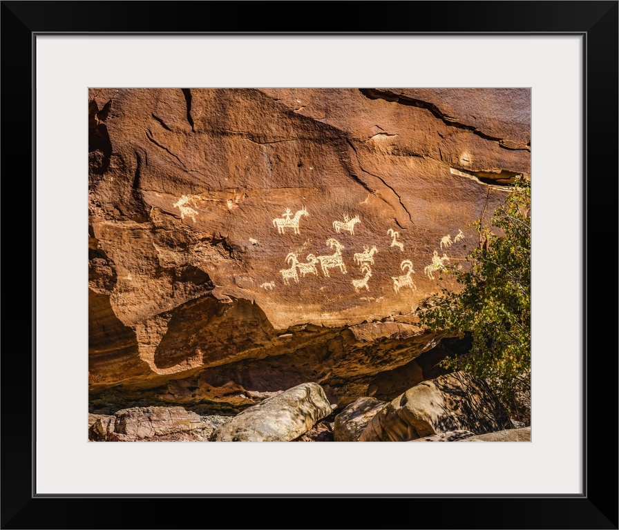 Ute Indian petroglyphs, Arches National Park, Moab, Utah, USA. Created 1650 to 1850 AD glyphs are of sheep, horses and dogs.