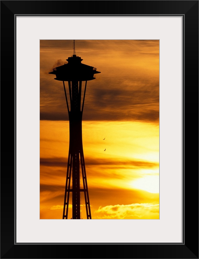 Washington, Seattle, Space Needle at sunset.