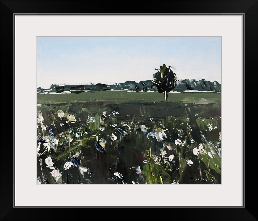 A contemporary painting of a cotton field with a line of trees in the background.