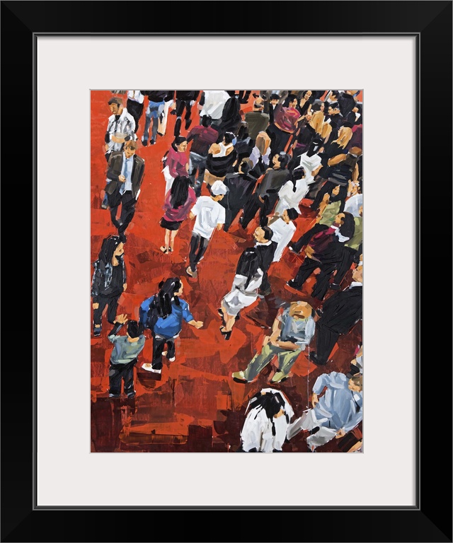 Contemporary painting of a view of people standing on a red carpet from above.