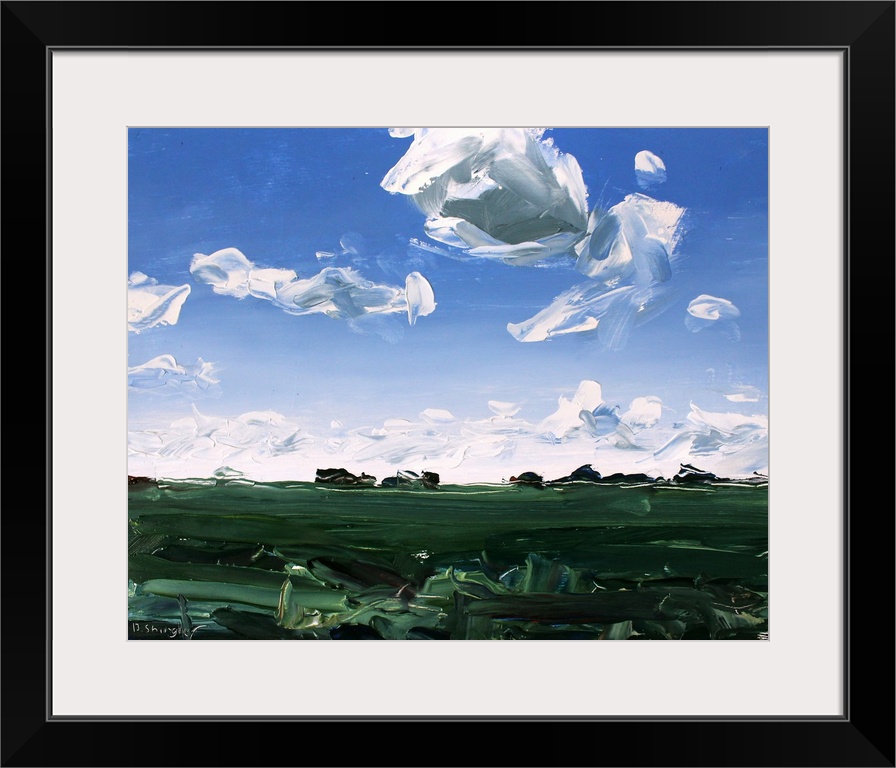 A contemporary painting of a green field under a sky filled with gray clouds.