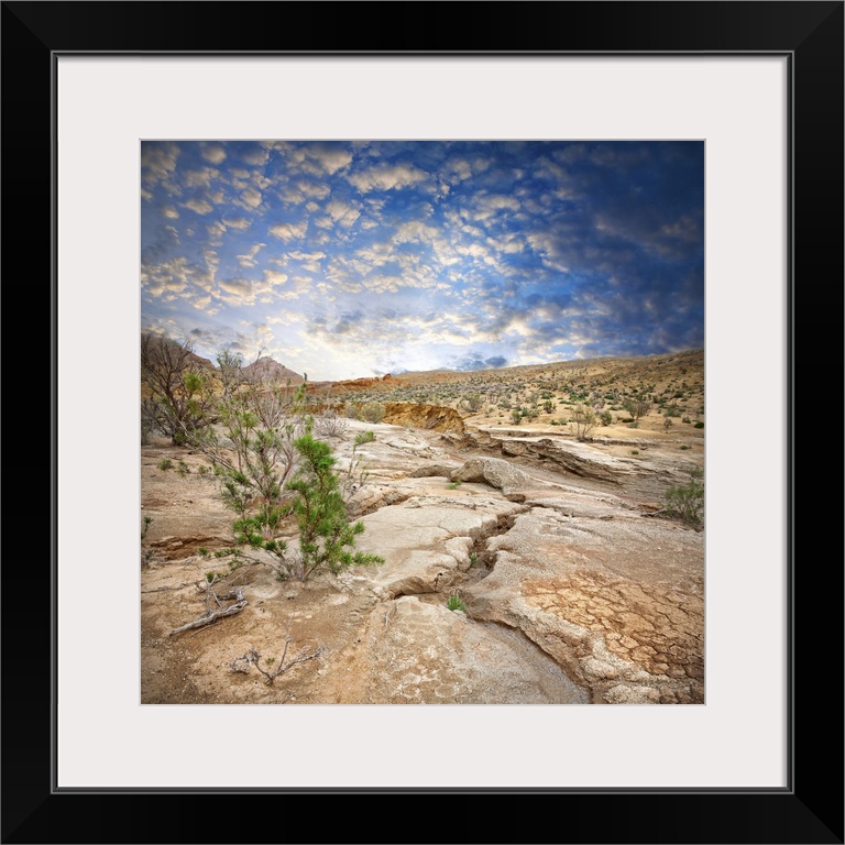 Aktau Mountains scenery with drought earth at dramatic blue sky in National Park Altyn Emel in Kazakhstan, Central Asia.