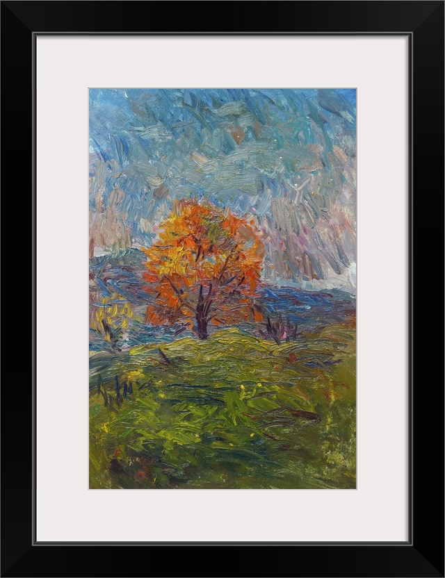 Originally an oil painting of autumn landscape. Orange tree on a cloudy morning on the background of the mountains around ...