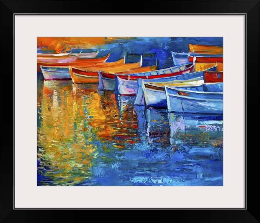 Originally oil painting of boats and jetty (pier) on canvas. Sunset over ocean. Modern impressionism.