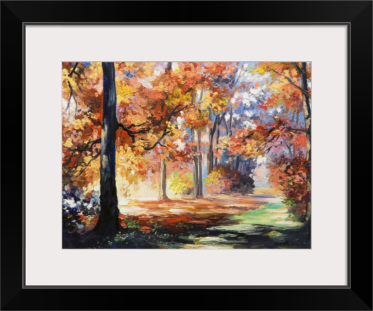 Originally an oil painting landscape of a colorful autumn forest, beautiful river.